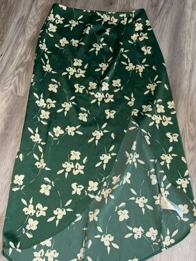 Green floral silk skirt